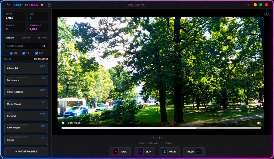 Keep or Toss with folders imported from multiple drives, sorting a shared queue of videos