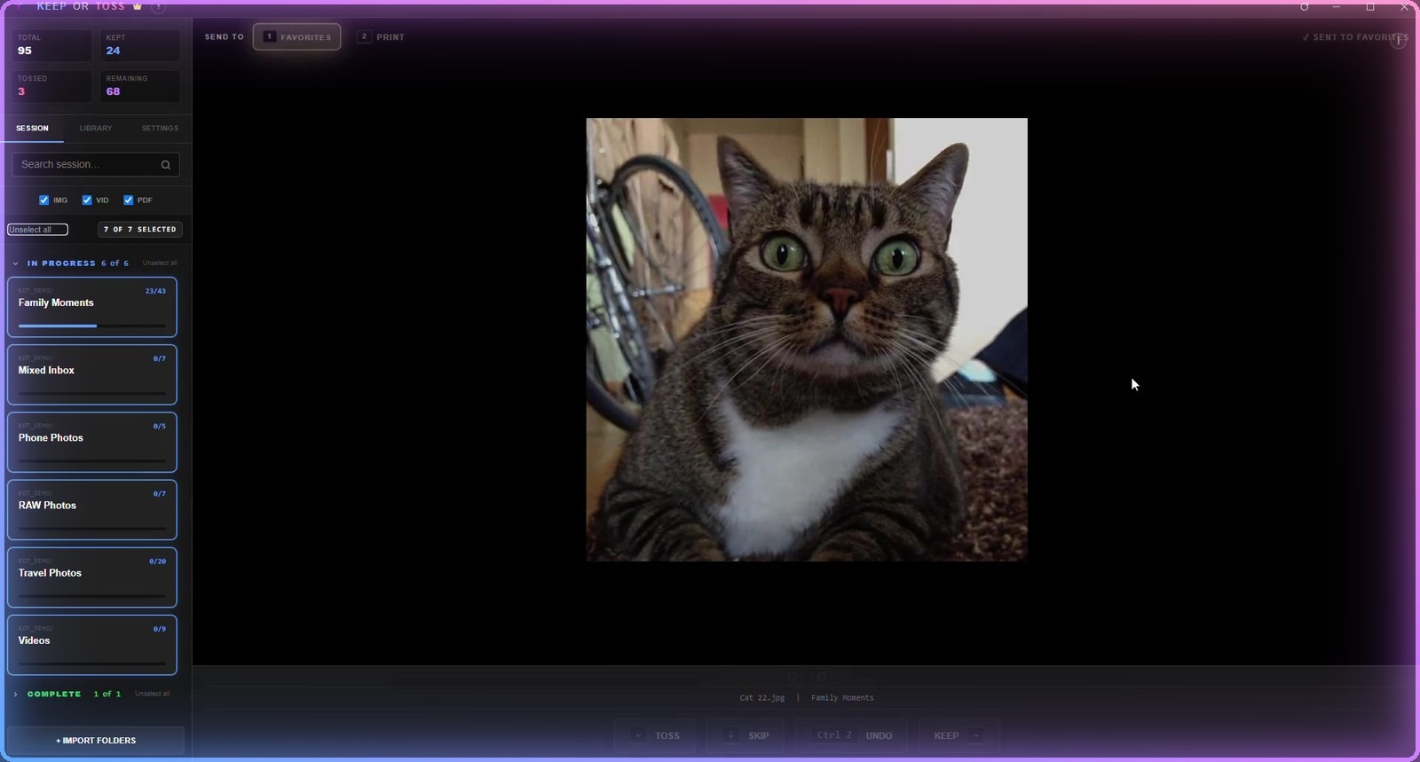 Keep or Toss sending a photo to a custom Favorites folder with one keypress
